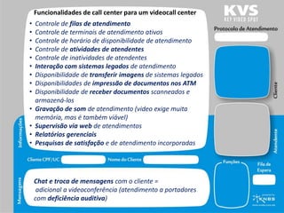 Funcionalidades de call center para um videocall center
•   Controle de filas de atendimento
•   Controle de terminais de atendimento ativos
•   Controle de horário de disponibilidade de atendimento
•   Controle de atividades de atendentes
•   Controle de inatividades de atendentes
•   Interação com sistemas legados de atendimento
•   Disponibilidade de transferir imagens de sistemas legados
•   Disponibilidades de impressão de documentos nos ATM
•   Disponibilidade de receber documentos scanneados e
    armazená-los
•   Gravação de som de atendimento (video exige muita
    memória, mas é também viável)
•   Supervisão via web de atendimentos
•   Relatórios gerenciais
•   Pesquisas de satisfação e de atendimento incorporadas




    Chat e troca de mensagens com o cliente =
     adicional a videoconferência (atendimento a portadores
    com deficiência auditiva)
 
