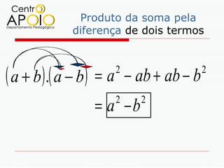 Produto da soma pela
               diferença de dois termos



( a + b ).( a − b )   = a − ab + ab − b
                         2                2


                      = a −b
                         2     2
 