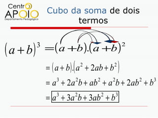 Cubo da soma de dois
                     termos


( a + b)   3
               = ( a +b ).( a +b )
                                                     2



                         (
               = ( a + b ) . a + 2ab + b
                                 2           2
                                                 )
               = a + 2a b + ab + a b + 2ab + b
                  3          2       2       2           2   3


               = a + 3a b + 3ab + b
                  3          2           2       3
 