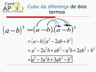 Cubo da diferença de dois
                       termos



( a − b)   3
               = ( a −b ).( a −b )
                                                     2



                         (
               = ( a − b ) . a − 2ab + b
                                 2           2
                                                 )
               = a − 2a b + ab − a b + 2ab − b
                  3          2       2       2           2   3


               = a − 3a b + 3ab − b
                  3          2           2       3
 