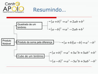 Resumindo…

                                       ( a +b ) 2   = a 2 + 2ab +b 2
          Quadrado de um
          binômio
                                      ( a −b ) 2    = a 2 − 2ab +b 2


Produto
Notável
          Produto da soma pela diferença            ( a +b )( a −b ) = a 2 −b 2

                                       ( a +b ) 3 = a 3 +3a 2b +3ab 2 +b 3
          Cubo de um binômio

                                           ( a −b ) 3 = a 3 −3a 2b +3ab 2 −b 3
 