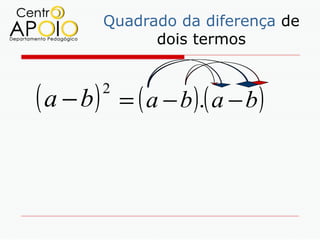 Quadrado da diferença de
                 dois termos



( a − b)   2
               = ( a − b ).( a − b )
 