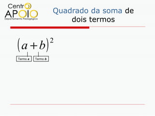 Quadrado da soma de
                        dois termos


( a + b)            2

Termo a   Termo b
 