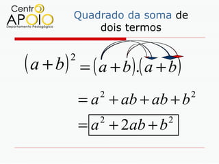 Quadrado da soma de
               dois termos


( a + b)   2
               = ( a + b ).( a + b )
               = a + ab + ab + b
                   2                   2


               = a + 2ab + b
                   2             2
 