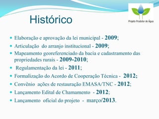 Histórico
 Elaboração e aprovação da lei municipal - 2009;
 Articulação do arranjo institucional - 2009;
 Mapeamento georeferenciado da bacia e cadastramento das
propriedades rurais - 2009-2010;
 Regulamentação da lei - 2011;
 Formalização do Acordo de Cooperação Técnica - 2012;
 Convênio ações de restauração EMASA/TNC - 2012;
 Lançamento Edital de Chamamento - 2012;
 Lançamento oficial do projeto - março/2013.
 