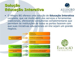 Solução Educação Interativa O Allegro BG oferece uma solução de  Educação Interativa  completa, que vai muito além dos serviços e ferramentas tradicionais, oferecendo consultorias complementares que permitem às instituições de todos os portes fazerem com que suas iniciativas educacionais  on-line  sejam um grande negócio. 