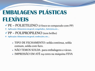 EMBALAGENS PLÁSTICAS
FLEXÍVEIS
PE – POLIETILENO (é fosco se comparado com PP)
 Aplicação: Alimentos em geral, congelados , laticínios,etc...
PP – POLIPROPILENO (tem brilho)
 Aplicação: Alimentos em geral, confecções, etc...
 TIPO DE FECHAMENTO: solda continua, solda
comum, solda com furo.
 NÃO TEMOS SOLDA para embalagens a vácuo.
 IMPRESSÃO EM ATÉ 04 cores na máquina FEVA
 