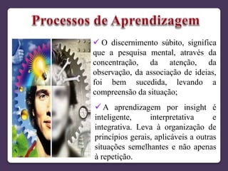  O discernimento súbito, significa
que a pesquisa mental, através da
concentração, da atenção, da
observação, da associação de ideias,
foi bem sucedida, levando a
compreensão da situação;
 A aprendizagem por insight é
inteligente, interpretativa e
integrativa. Leva à organização de
princípios gerais, aplicáveis a outras
situações semelhantes e não apenas
à repetição.
 