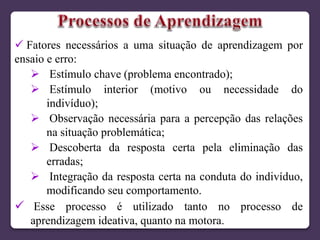  Fatores necessários a uma situação de aprendizagem por
ensaio e erro:
 Estímulo chave (problema encontrado);
 Estímulo interior (motivo ou necessidade do
indivíduo);
 Observação necessária para a percepção das relações
na situação problemática;
 Descoberta da resposta certa pela eliminação das
erradas;
 Integração da resposta certa na conduta do indivíduo,
modificando seu comportamento.
 Esse processo é utilizado tanto no processo de
aprendizagem ideativa, quanto na motora.
 