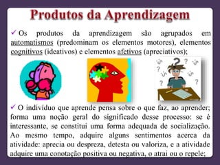  Os produtos da aprendizagem são agrupados em
automatismos (predominam os elementos motores), elementos
cognitivos (ideativos) e elementos afetivos (apreciativos);
 O indivíduo que aprende pensa sobre o que faz, ao aprender;
forma uma noção geral do significado desse processo: se é
interessante, se constitui uma forma adequada de socialização.
Ao mesmo tempo, adquire alguns sentimentos acerca da
atividade: aprecia ou despreza, detesta ou valoriza, e a atividade
adquire uma conotação positiva ou negativa, o atrai ou o repele;
 