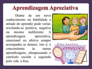 Diante de um novo
conhecimento ou habilidade a
atitude do aprendiz pode variar,
revelando-se positiva, negativa
ou mesmo indiferente. A
aprendizagem apreciativa,
emocional ou afetiva sempre
acompanha as demais, isto é, é
concomitante às outras
aprendizagens, ultrapassando o
currículo escolar e seguindo
pela vida a fora.
 