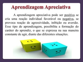A aprendizagem apreciativa pode ser positiva se
cria uma reação individual favorável ou negativa, se
provoca reação de agressividade, inibição ou aversão.
Esse tipo de aprendizagem, possibilita a formação do
caráter do aprendiz, o que se expressa na sua maneira
constante de agir, diante das diferentes situações.
 