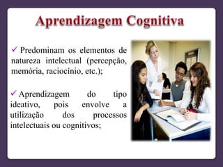  Predominam os elementos de
natureza intelectual (percepção,
memória, raciocínio, etc.);
 Aprendizagem do tipo
ideativo, pois envolve a
utilização dos processos
intelectuais ou cognitivos;
 