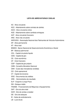 7
LISTA DE ABREVIATURAS E SIGLAS
AC - Ativo circulante
ACC - Adiantamento sobre contrato de câmbio
ACCI - Ativo circulante cíclico
ACE - Adiantamento sobre cambiais entregues
ACF - Ativo circulante financeiro
ANC - Ativo não circulante
ANFAVEA - Associação Nacional dos Fabricantes de Veículos Automotores
AP - Ativo permanente
AT - Ativo total
BNDES - Banco Nacional de Desenvolvimento Econômico e Social
BP - Balanço patrimonial
CCL - Capital circulante líquido
CDG - Capital de giro
CE - Ciclo econômico
CF - Ciclo financeiro
CGP - Capital de giro próprio
CMN - Conselho Monetário Nacional
CMV - Custo das mercadorias vendidas
CO - Ciclo operacional
CT - Capital de terceiros
DOC - Documentos de créditos
DRE - Demonstrativo de resultado
ELP - Exigível a Longo Prazo
EM - Estoque médio
FINAME - Financiamento de Máquinas e Equipamentos
GAT - Giro do ativo total
GCR - Giro do contas a receber
GE - Giro de estoques
IE - Índice de endividamento
LB - Lucro bruto
 