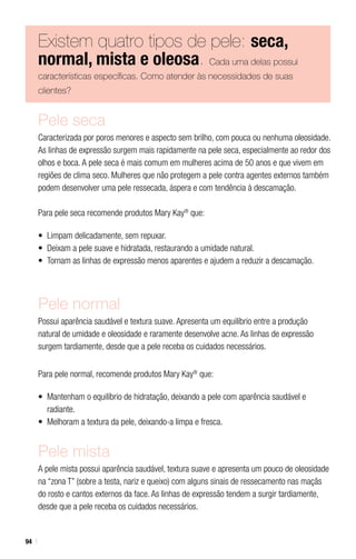 94
Existem quatro tipos de pele: seca,
normal, mista e oleosa. Cada uma delas possui
características específicas. Como atender às necessidades de suas
clientes?
Pele seca
Caracterizada por poros menores e aspecto sem brilho, com pouca ou nenhuma oleosidade.
As linhas de expressão surgem mais rapidamente na pele seca, especialmente ao redor dos
olhos e boca. A pele seca é mais comum em mulheres acima de 50 anos e que vivem em
regiões de clima seco. Mulheres que não protegem a pele contra agentes externos também
podem desenvolver uma pele ressecada, áspera e com tendência à descamação.
Para pele seca recomende produtos Mary Kay®
que:
•	 Limpam delicadamente, sem repuxar.
•	 Deixam a pele suave e hidratada, restaurando a umidade natural.
•	 Tornam as linhas de expressão menos aparentes e ajudem a reduzir a descamação.
Pele normal
Possui aparência saudável e textura suave. Apresenta um equilíbrio entre a produção
natural de umidade e oleosidade e raramente desenvolve acne. As linhas de expressão
surgem tardiamente, desde que a pele receba os cuidados necessários.
Para pele normal, recomende produtos Mary Kay®
que:
•	 Mantenham o equilíbrio de hidratação, deixando a pele com aparência saudável e
radiante.
•	 Melhoram a textura da pele, deixando-a limpa e fresca.
Pele mista
A pele mista possui aparência saudável, textura suave e apresenta um pouco de oleosidade
na “zona T” (sobre a testa, nariz e queixo) com alguns sinais de ressecamento nas maçãs
do rosto e cantos externos da face. As linhas de expressão tendem a surgir tardiamente,
desde que a pele receba os cuidados necessários.
 