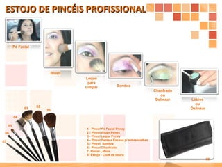 ESTOJO DE PINCÉIS PROFISSIONAL 1 - Pincel Pó Facial Poney 2 - Pincel Blush Poney 3 - Pincel Leque Poney  4 - Pincel Pente e Escova p/ sobrancelhas 5 - Pincel  Sombra 6 - Pincel Chanfrado 7- Pincel Lábios 8- Estojo - Look de couro  07 06 05 04 03 02 01 08 Pó Facial  Blush   Leque para Limpar Sombra Chanfrado ou Delinear Lábios  ou  Delinear 
