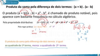 Produto da soma pela diferença de dois termos: (a + b) . (a - b)
O produto (a + b)(a - b) = a² - b² é chamado de produto notável, pois
aparece com bastante frequência no cálculo algébrico.
O produto da soma pela diferença de dois termos é igual
Pela propriedade distributiva: (a + b)(a -b) = a² - ab + ba + b² = a² - b²
Pela regra prática: (a + b).(a – b) =
ao quadrado do 1º termo,
a²
menos o quadrado do 2º termo.
- b²
1º
termo
2º termo
10
 