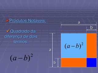 Produtos Notáveis:
Quadrado da
diferença de dois
termos:
b
a
b
a
2
)
( b
a 
2
)
( b
a 
 