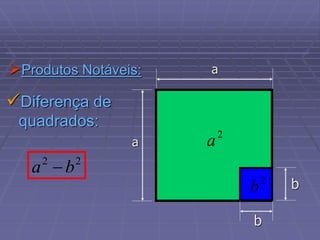 Produtos Notáveis:
Diferença de
quadrados:
2
2
b
a 
b
a
a
b
2
a
2
b
 