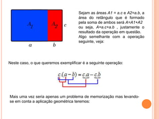 Sejam as áreas A1 = a.c e A2=a.b, a
área do retângulo que é formado
pela soma de ambos será A=A1+A2
ou seja, A=a.c+a.b , justamente o
resultado da operação em questão.
Algo semelhante com a operação
seguinte, veja:
Neste caso, o que queremos exemplificar é a seguinte operação:
Mais uma vez seria apenas um problema de memorização mas levando-
se em conta a aplicação geométrica teremos:
 