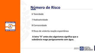 Número de Risco
6 Toxicidade
7 Radioatividade
8 Corrosividade
9 Risco de violenta reação espontânea
A letra “X” antes dos algarismos significa que a
substância reage perigosamente com água.
 