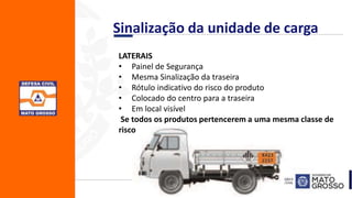 Sinalização da unidade de carga
LATERAIS
• Painel de Segurança
• Mesma Sinalização da traseira
• Rótulo indicativo do risco do produto
• Colocado do centro para a traseira
• Em local visível
Se todos os produtos pertencerem a uma mesma classe de
risco
 