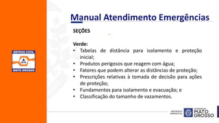.SEÇÕES
Verde:
• Tabelas de distância para isolamento e proteção
inicial;
• Produtos perigosos que reagem com água;
• Fatores que podem alterar as distâncias de proteção;
• Prescrições relativas à tomada de decisão para ações
de proteção;
• Fundamentos para isolamento e evacuação; e
• Classificação do tamanho de vazamentos.
Manual Atendimento Emergências
 