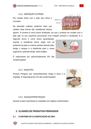 CFBP – EMERGÊNCIAS QUÍMICAS 14
CENTRO DE ENSINO E INSTRUÇÃO DE BOMBEIROS – GERÊNCIA DE CURSOS EXTENSÃO
ABSORÇÃO CUTÂNEA
Por contato direto com a pele e/ou olhos e
mucosas.
Na absorção cutânea, podemos dizer que
existem duas formas das substâncias tóxicas
agirem. A primeira é como tóxico localizado, em que o produto em contato com a
pele age na sua superfície provocando uma irritação primária e localizada. E a
segunda forma é como tóxico generalizado,
quando a substância tóxica reage com as
proteínas da pele ou mesmo penetra através dela,
atinge o sangue e é distribuída para o nosso
organismo, podendo atingir vários órgãos.
É responsável por aproximadamente 8% das
contaminações!
INGESTÃO
Produto Perigoso que inadvertidamente chega à boca e é
engolido. É responsável por 2% das contaminações!
INJEÇÃO/PENETRAÇÃO
Quando a pele é penetrada ou espetada com objetos contaminados.
CLASSES DE PRODUTOS PERIGOSOS
3.1. O SISTEMA DE CLASSIFICAÇÃO DA ONU
 