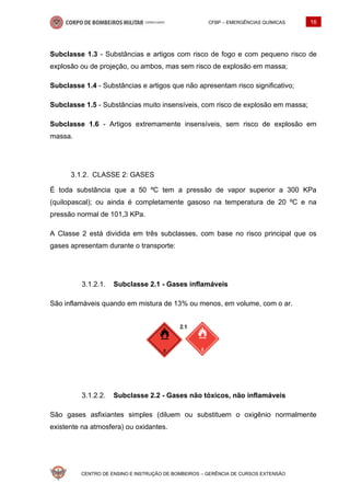 CFBP – EMERGÊNCIAS QUÍMICAS 16
CENTRO DE ENSINO E INSTRUÇÃO DE BOMBEIROS – GERÊNCIA DE CURSOS EXTENSÃO
Subclasse 1.3 - Substâncias e artigos com risco de fogo e com pequeno risco de
explosão ou de projeção, ou ambos, mas sem risco de explosão em massa;
Subclasse 1.4 - Substâncias e artigos que não apresentam risco significativo;
Subclasse 1.5 - Substâncias muito insensíveis, com risco de explosão em massa;
Subclasse 1.6 - Artigos extremamente insensíveis, sem risco de explosão em
massa.
CLASSE 2: GASES
É toda substância que a 50 ºC tem a pressão de vapor superior a 300 KPa
(quilopascal); ou ainda é completamente gasoso na temperatura de 20 ºC e na
pressão normal de 101,3 KPa.
A Classe 2 está dividida em três subclasses, com base no risco principal que os
gases apresentam durante o transporte:
Subclasse 2.1 - Gases inflamáveis
São inflamáveis quando em mistura de 13% ou menos, em volume, com o ar.
Subclasse 2.2 - Gases não tóxicos, não inflamáveis
São gases asfixiantes simples (diluem ou substituem o oxigênio normalmente
existente na atmosfera) ou oxidantes.
 