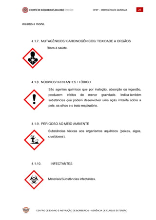 CFBP – EMERGÊNCIAS QUÍMICAS 26
CENTRO DE ENSINO E INSTRUÇÃO DE BOMBEIROS – GERÊNCIA DE CURSOS EXTENSÃO
mesmo a morte.
MUTAGÊNICOS/ CARCINOGÊNICOS/ TOXIDADE A ORGÃOS
Risco à saúde.
NOCIVOS/ IRRITANTES / TÓXICO
São agentes químicos que por inalação, absorção ou ingestão,
produzem efeitos de menor gravidade. Indica também
substâncias que podem desenvolver uma ação irritante sobre a
pele, os olhos e o trato respiratório.
PERIGOSO AO MEIO AMBIENTE
Substâncias tóxicas aos organismos aquáticos (peixes, algas,
crustáceos).
INFECTANTES
Materiais/Substâncias infectantes.
 