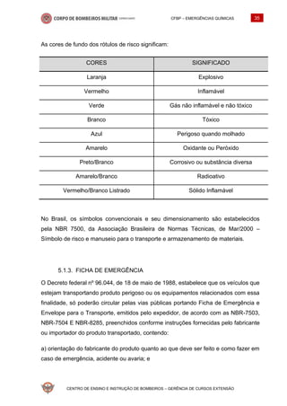 CFBP – EMERGÊNCIAS QUÍMICAS 35
CENTRO DE ENSINO E INSTRUÇÃO DE BOMBEIROS – GERÊNCIA DE CURSOS EXTENSÃO
As cores de fundo dos rótulos de risco significam:
CORES SIGNIFICADO
Laranja Explosivo
Vermelho Inflamável
Verde Gás não inflamável e não tóxico
Branco Tóxico
Azul Perigoso quando molhado
Amarelo Oxidante ou Peróxido
Preto/Branco Corrosivo ou substância diversa
Amarelo/Branco Radioativo
Vermelho/Branco Listrado Sólido Inflamável
No Brasil, os símbolos convencionais e seu dimensionamento são estabelecidos
pela NBR 7500, da Associação Brasileira de Normas Técnicas, de Mar/2000 –
Símbolo de risco e manuseio para o transporte e armazenamento de materiais.
FICHA DE EMERGÊNCIA
O Decreto federal nº 96.044, de 18 de maio de 1988, estabelece que os veículos que
estejam transportando produto perigoso ou os equipamentos relacionados com essa
finalidade, só poderão circular pelas vias públicas portando Ficha de Emergência e
Envelope para o Transporte, emitidos pelo expedidor, de acordo com as NBR-7503,
NBR-7504 E NBR-8285, preenchidos conforme instruções fornecidas pelo fabricante
ou importador do produto transportado, contendo:
a) orientação do fabricante do produto quanto ao que deve ser feito e como fazer em
caso de emergência, acidente ou avaria; e
 