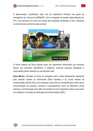 CFBP – EMERGÊNCIAS QUÍMICAS 52
CENTRO DE ENSINO E INSTRUÇÃO DE BOMBEIROS – GERÊNCIA DE CURSOS EXTENSÃO
É determinada, inicialmente, pelo raio de isolamento indicado nas guias de
emergência do manual da ABIQUIM. Com a chegada da equipe especializada em
PP, o seu tamanho irá variar em função das medições realizadas in loco, utilizando
os instrumentos conforme cada produto.
O limite exterior da Zona Quente deve ser claramente demarcado por barreiras
físicas que permitam identificá-la a distância, somente pessoas equipadas e
autorizadas podem adentrar ou permanecer nela.
Zona Morna: Consiste na Zona de transição entre a área diretamente impactada
pelo produto vazado ou derramado (Zona Quente) e as zonas isentas de
contaminação (Zonas frias e de exclusão). Essa Zona é concebida para evitar que a
movimentação de pessoas, veículos e equipamentos entre as diferentes zonas
estenda a contaminação para além dos limites da zona impactada. Nessa zona deve
ser instalado o Corredor de Redução de Contaminação (CRC).
 
