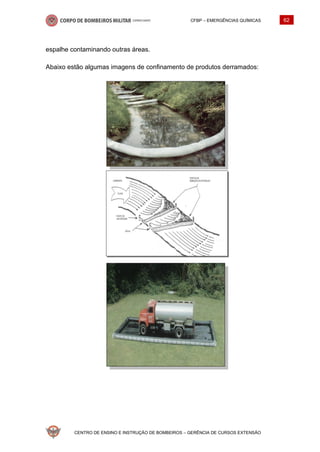CFBP – EMERGÊNCIAS QUÍMICAS 62
CENTRO DE ENSINO E INSTRUÇÃO DE BOMBEIROS – GERÊNCIA DE CURSOS EXTENSÃO
espalhe contaminando outras áreas.
Abaixo estão algumas imagens de confinamento de produtos derramados:
 