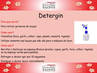 Detergin
Para que serve?
Para retirar gorduras de louças.
Onde usar?
Utensílios (faca, garfo, colher, copo, panela, manaitá, tigelas)
Utilizar somente nas louças que não vão para a máquina de lavar.
Como usar?
Borrifar o Detergin na esponja Branca (pratos, copos, garfo, faca, colher, tigelas)
ou na esponja verde para panelas;
Esfregar e deixar agir por 10 segundos;
Enxáguar e deixar secar naturalmente.
 