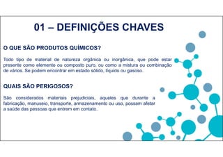 O QUE SÃO PRODUTOS QUÍMICOS?
Todo tipo de material de natureza orgânica ou inorgânica, que pode estar
presente como elemento ou composto puro, ou como a mistura ou combinação
de vários. Se podem encontrar em estado sólido, líquido ou gasoso.
01 – DEFINIÇÕES CHAVES
QUAIS SÃO PERIGOSOS?
São considerados materiais prejudiciais, aqueles que durante a
fabricação, manuseio, transporte, armazenamento ou uso, possam afetar
a saúde das pessoas que entrem em contato.
 