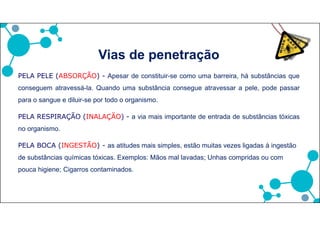 •Asfixiantes
•Tóxicos
•Carcinogênicos
•Explosivos
•Corrosivos
•Mutagênicos
•Comburentes
•Irritantes
•Alergênicos
•Inflamáveis
•Danosos ao meio ambiente
CARACTERISTICAS:
 