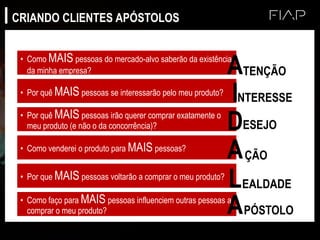• Como MAIS pessoas do mercado-alvo saberão da existência
da minha empresa?
• Por quê MAIS pessoas se interessarão pelo meu produto?
• Por quê MAIS pessoas irão querer comprar exatamente o
meu produto (e não o da concorrência)?
• Como venderei o produto para MAIS pessoas?
• Por que MAIS pessoas voltarão a comprar o meu produto?
• Como faço para MAIS pessoas influenciem outras pessoas a
comprar o meu produto?
A
I
D
A
L
A
EALDADE
PÓSTOLO
TENÇÃO
NTERESSE
ESEJO
ÇÃO
CRIANDO CLIENTES APÓSTOLOS
 