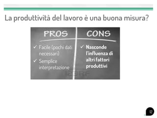 La produttività del lavoro è una buona misura?


          Facile (pochi dati    Nasconde
           necessari)             l’influenza di
          Semplice               altri fattori
           interpretazione        produttivi




                                                   12
 