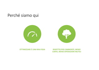 Perché siamo qui
OTTIMIZZARE È UNA MIA FISSA RISPETTO PER L’AMBIENTE, MENO
CARTA, MENO OPERAZIONI INUTILI
 