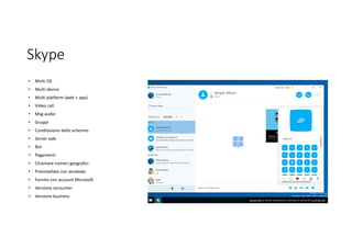 Skype
• Multi OS
• Multi device
• Multi platform (web + app)
• Video call
• Msg audio
• Gruppi
• Condivisione dello schermo
• Server side
• Bot
• Pagamenti
• Chiamare numeri geografici
• Preinstallato con windows
• Fornito con account Microsoft
• Versione consumer
• Versione business
Questa foto di Autore sconosciuto è concesso in licenza da CC BY-NC-ND
 