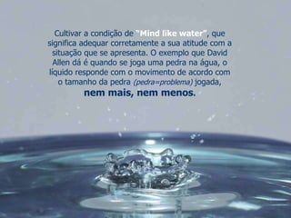 Cultivar a condição de  “Mind like water” , que significa adequar corretamente a sua atitude com a situação que se apresenta. O exemplo que David Allen dá é quando se joga uma pedra na água, o líquido responde com o movimento de acordo com o tamanho da pedra  (pedra=problema)  jogada,  nem mais, nem menos . 