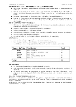 Ferramentas da Qualidade Página A3 de A27
PRÉ-REQUISITOS PARA CONSTRUÇÃO DA FOLHA DE VERIFICAÇÃO
• Identificar claramente o objetivo da coleta de dados: quais são e os mais importantes
defeitos.
• Decidir como coletar os dados: como serão coletados os dados? Quem irá coletar os
dados? Quando serão coletados os dados? Qual o método será utilizado para coleta dos
dados?
• Estipular a quantidade de dados que serão coletados: tamanho da amostra.
• Coletar os dados dentro de um tempo específico: decidir o tipo de folha de verificação a
ser usada, decidir se usar número, valores ou símbolos, fazer um modelo da folha de
verificação.
COMO FAZER FOLHA DE VERIFICAÇÃO
• Elaborar um tipo de folha de verificação de forma estruturada adequada a ser analisada,
que permite um fácil preenchimento.
• Definir a quantidade e o tamanho da amostra dos dados.
• Definir onde será feita a coleta dos dados
• Determinar a freqüência com que serão coletados os dados (diário, semanal, ou mensal).
• Escolher quem deverá coletar os dados.
• Através da folha de verificação realizar a coleta dentro do planejado.
VANTAGENS:
• A obtenção do fato é registrado no momento que ocorre;
• Essa situação facilita a identificação da causa junto ao problema;
• A atividade é muito simples de aplicar, bastando apenas pouca concentração.
Tipo de Defeito Verificação Total
Trinca
Risco
Mancha
Folga
Outros
///// ///// /////
///// ///// ///// ///// ///// /////
///// /////
///// ///// ////////// ///// //
///// ///
15
30
10
27
08
Total 90
Desvantagens:
• Os equipamentos de medida podem não estar auferidos;
• O processo de coleta pode ser lento e demanda recursos de acordo com a amplitude da
amostra;
• Os dados resultantes da contagem só podem aparecer em ponto “discretos”. Numa
página de fatura só é possível encontrar 0,1,2, etc., erros; não é possível encontrar 2,46
erros.
RELAÇÃO COM OUTRAS FERRAMENTAS
Relaciona-se com a maioria das ferramentas, pois é um passo básico, onde vamos encontrar as
informações, principalmente para determinar a causa, especificação extensão, onde e quando
ocorre o problema.
Relaciona-se com o brainstorming, diagrama de causa e efeito para elaborar as atividades e a
forma da coleta de dados.
 