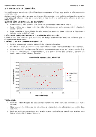 Ferramentas da Qualidade Página A12 de A27
A.5 DIAGRAMA DE DISPERSÃO
São gráficos que permitem a identificação entre causas e efeitos, para avaliar o relacionamento
entre variáveis.
O diagrama de dispersão é a etapa seguinte do diagrama de causa e efeito, pois verifica-se se há
uma possível relação entre as causas, isto é, nos mostra se existe uma relação, e em que
intensidade.
QUANDO USAR UM DIAGRAMA DE DISPERSÃO
• Para visualizar uma variável com outra e o que acontece se uma se alterar.
• Para verificar se as duas variáveis estão relacionadas, ou se há uma possível relação de
causa e efeito.
• Para visualizar a intensidade do relacionamento entre as duas variáveis, e comparar a
relação entre os dois efeitos.
PRÉ-REQUISITOS PARA CONSTRUIR O DIAGRAMA DE DISPERSÃO
Coletar dados sob forma de par ordenado, em tempo determinado, entre as variáveis que se
deseja estudar as relações.
COMO FAZER UM DIAGRAMA DE DISPERSÃO
• Coletar os pares da amostra que poderão estar relacionados.
• Construir os eixos, a variável causa no eixo horizontal e a variável efeito no eixo vertical.
• Colocar os dados no diagrama. Se houver valores repetidos, trace um círculo concêntrico.
• Adicionar informações complementares, tais como: nome das variáveis, período de
coleta, tamanho da amostra e outros.
GRÁFICO DE DISPERSÃO DA AMOSTRA
294
294,2
294,4
294,6
294,8
295
295,2
295,4
295,6
295,8
0 5 10 15 20
ITENS DA AMOSTRA
RESULTADOSOBTIDOS
AMOSTRA 1
LSC
LM
LIC
VANTAGENS:
• Permite a identificação do possível relacionamento entre variáveis consideradas numa
análise;
• Ideal quando há interesse em visualizar a intensidade do relacionamento entre duas
variáveis;
• Pode ser utilizado para comprovar a relação entre dois efeitos, permitindo analisar uma
teoria a respeito de causas comuns.
 
