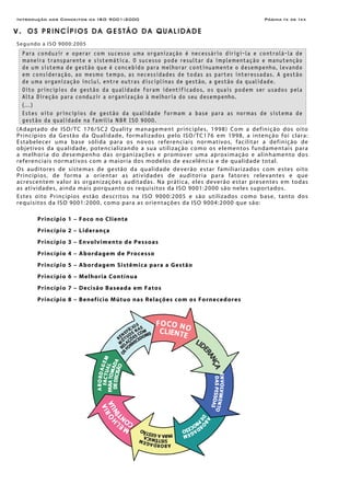 Introdução aos Conceitos da ISO 9001:2000 Página Ix de Ixx
V . O S P R I N C Í P I O S D A G E S T Ã O D A Q U A L I D A D E
Segundo a ISO 9000:2005
Para conduzir e operar com sucesso uma organização é necessário dirigi-la e controlá-la de
maneira transparente e sistemática. O sucesso pode resultar da implementação e manutenção
de um sistema de gestão que é concebido para melhorar continuamente o desempenho, levando
em consideração, ao mesmo tempo, as necessidades de todas as partes interessadas. A gestão
de uma organização inclui, entre outras disciplinas de gestão, a gestão da qualidade.
Oito princípios de gestão da qualidade foram identificados, os quais podem ser usados pela
Alta Direção para conduzir a organização à melhoria do seu desempenho.
(...)
Estes oito princípios de gestão da qualidade formam a base para as normas de sistema de
gestão da qualidade na família NBR ISO 9000.
(Adaptado de ISO/TC 176/SC2 Quality management principles, 1998) Com a definição dos oito
Princípios da Gestão da Qualidade, formalizados pelo ISO/TC176 em 1998, a intenção foi clara:
Estabelecer uma base sólida para os novos referenciais normativos, facilitar a definição de
objetivos da qualidade, potencializando a sua utilização como os elementos fundamentais para
a melhoria do desempenho das organizações e promover uma aproximação e alinhamento dos
referenciais normativos com a maioria dos modelos de excelência e de qualidade total.
Os auditores de sistemas de gestão da qualidade deverão estar familiarizados com estes oito
Princípios, de forma a orientar as atividades de auditoria para fatores relevantes e que
acrescentem valor às organizações auditadas. Na prática, eles deverão estar presentes em todas
as atividades, ainda mais porquanto os requisitos da ISO 9001:2000 são neles suportados.
Estes oito Princípios estão descritos na ISO 9000:2005 e são utilizados como base, tanto dos
requisitos da ISO 9001:2000, como para as orientações da ISO 9004:2000 que são:
Princípio 1 – Foco no Cliente
Princípio 2 – Liderança
Princípio 3 – Envolvimento de Pessoas
Princípio 4 – Abordagem de Processo
Princípio 5 – Abordagem Sistêmica para a Gestão
Princípio 6 – Melhoria Contínua
Princípio 7 – Decisão Baseada em Fatos
Princípio 8 – Benefício Mútuo nas Relações com os Fornecedores
 