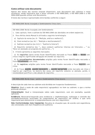 Como utilizar este documento
Apesar dos textos das normas estarem disponíveis, este documento não substitui o texto
normativo, sendo necessário que o leitor consulte a ISO 9000:2005, a ISO 9001:2000 e a ISO
9004:2000 quando utilizar este documento.
O texto das normas é apresentado entre bordas conforme a seguir:
ISO 9000:2005 Borda tracejada e Sombreamento Cinza claro.
ISO 9001:2000 Borda tracejada sem Sombreamento
1. Cada capítulo, item e subitem da ISO 9001:2000 são abordados em ordem seqüencial.
2. Para efeitos deste Manual é utilizada a seguinte terminologia:
a) Capítulo da norma (ex. 8 – “Medição, análise e melhoria”).
b) Item normativo (ex: 8.2 – “Medição e monitoramento”)
c) Subitem normativo (ex: 8.2.2 – “Auditoria Interna”)
d) Requisito normativo (ex: “… deve conduzir auditorias internas em intervalos … ” ou
“Deve ser planeado um programa de auditorias … ”)
3. O texto apresenta as seguintes marcações:
a) Os requisitos desta norma foram identificados marcando as frases Deve ou Devem com
cinza e negrito significando obrigação em atender ao requisito;
b) Os procedimentos documentados exigidos pela norma foram identificados marcando a
frase Procedimento com cinza;
c) Os registros exigidos pela norma foram identificados marcando a frase Registro com
cinza;
d) As frases quando, quando necessário ou quando apropriado estão marcados em cinza e
negrito por significar, na maioria das vezes, um requisito somente se adotado, porém, é
recomendável justificar a não adoção do requisito;
ISO 9004:2000 Borda traço - ponto e Sombreamento Cinza escuro.
A descrição de cada item ou subitem está dividida em 4 aspectos fundamentais:
Objetivo: Qual a razão de cada requisito(s) agrupado(s) no item ou subitem, o que a norma
pretende alcançar;
Interpretação: Qual a interpretação sobre cada requisito(s), com em exemplos, quando
aplicável;
Evidência: Necessária/requerida para evidenciar a implementação, realização e controle das
atividades/processos associados ao cumprimento do requisito(s) em análise, o que seria
importante para demonstrar o comprometimento com o(s) requisito(s);
Não Conformidades mais freqüentes: Ressalva às situações que, de acordo com experiência,
são constatadas com mais freqüência em auditoria.
 