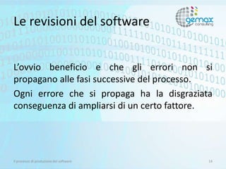 Le revisioni del software
L’ovvio beneficio e che gli errori non si
propagano alle fasi successive del processo.
Ogni erro...