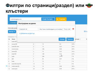 Филтри по страници(раздел) или 
клъстери 
 