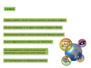 2 встреча



Сервисы работы с Gmail: анализ клиентов и почтового трафика


Как все запоминать и не терять: Evernote, Dropbox и Storify


Автоматизация сбора и анализ упоминаний бренда в рунете


Анализ эффективности рабочего дня: ManicTime


Как одновременно управлять различными
аккаунтами в социальных сетях: Hootsuite


24/7 реагирование на обращение клиентов
 