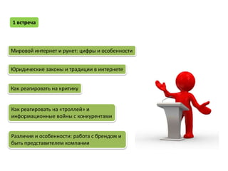 1 встреча



Мировой интернет и рунет: цифры и особенности


Юридические законы и традиции в интернете


Как реагировать на критику


Как реагировать на «троллей» и
информационные войны с конкурентами


Различия и особенности: работа с брендом и
быть представителем компании
 