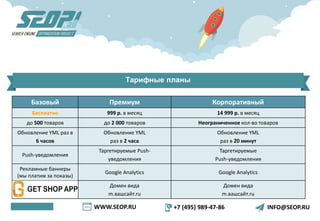 WWW.SEOP.RU +7 (495) 989-47-86 INFO@SEOP.RU
Тарифные планы
Базовый Премиум Корпоративный
Бесплатно 999 р. в месяц 14 999 р. в месяц
до 500 товаров до 2 000 товаров Неограниченное кол-во товаров
Обновление YML раз в
6 часов
Обновление YML
раз в 2 часа
Обновление YML
раз в 20 минут
Push-уведомления
Таргетируемые Push-
уведомления
Таргетируемые
Push-уведомления
Рекламные баннеры
(мы платим за показы)
Google Analytics Google Analytics
Домен вида
m.вашсайт.ru
Домен вида
m.вашсайт.ru
 